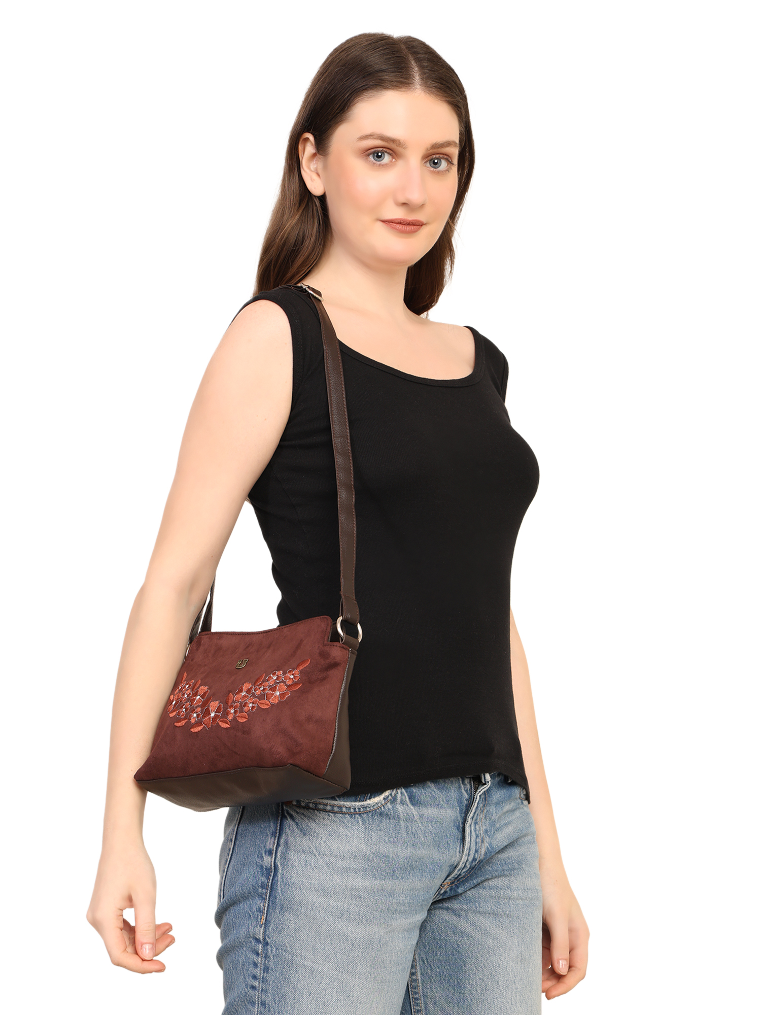 FLORAL EMBROIDERED SUEDE CROSSBODY SLING BAG (BROWN)