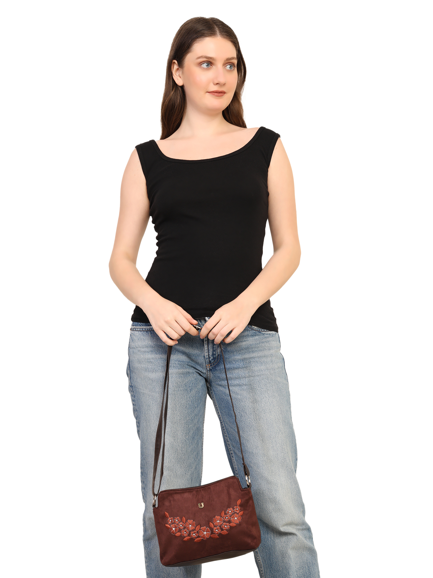 FLORAL EMBROIDERED SUEDE CROSSBODY SLING BAG (BROWN)