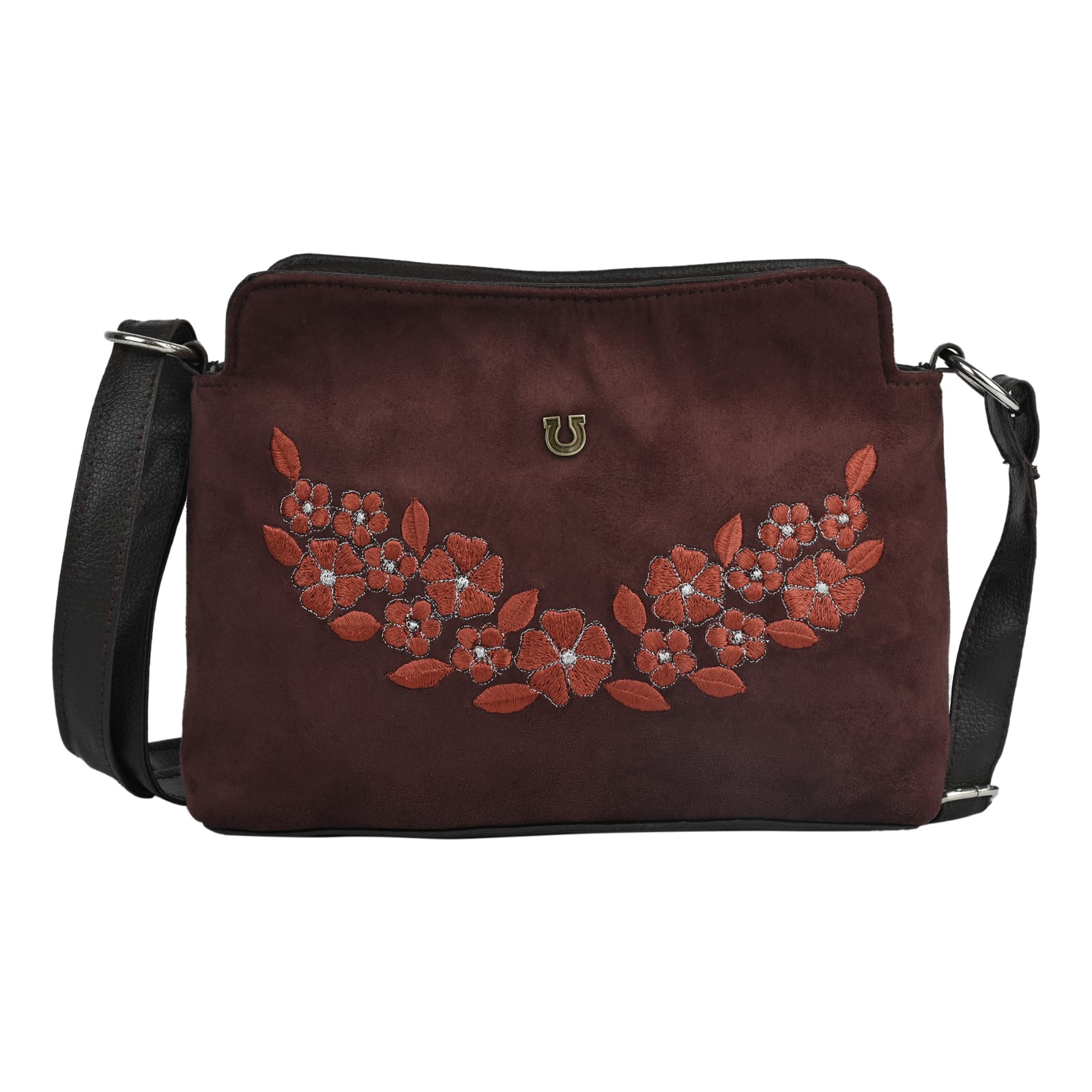 FLORAL EMBROIDERED SUEDE CROSSBODY SLING BAG (BROWN)