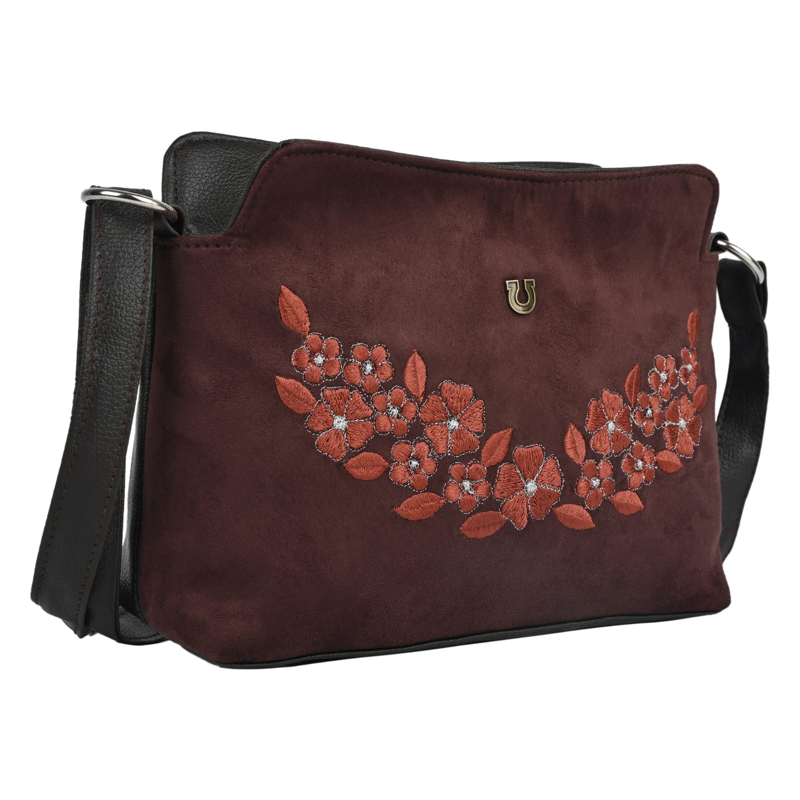 FLORAL EMBROIDERED SUEDE CROSSBODY SLING BAG (BROWN)