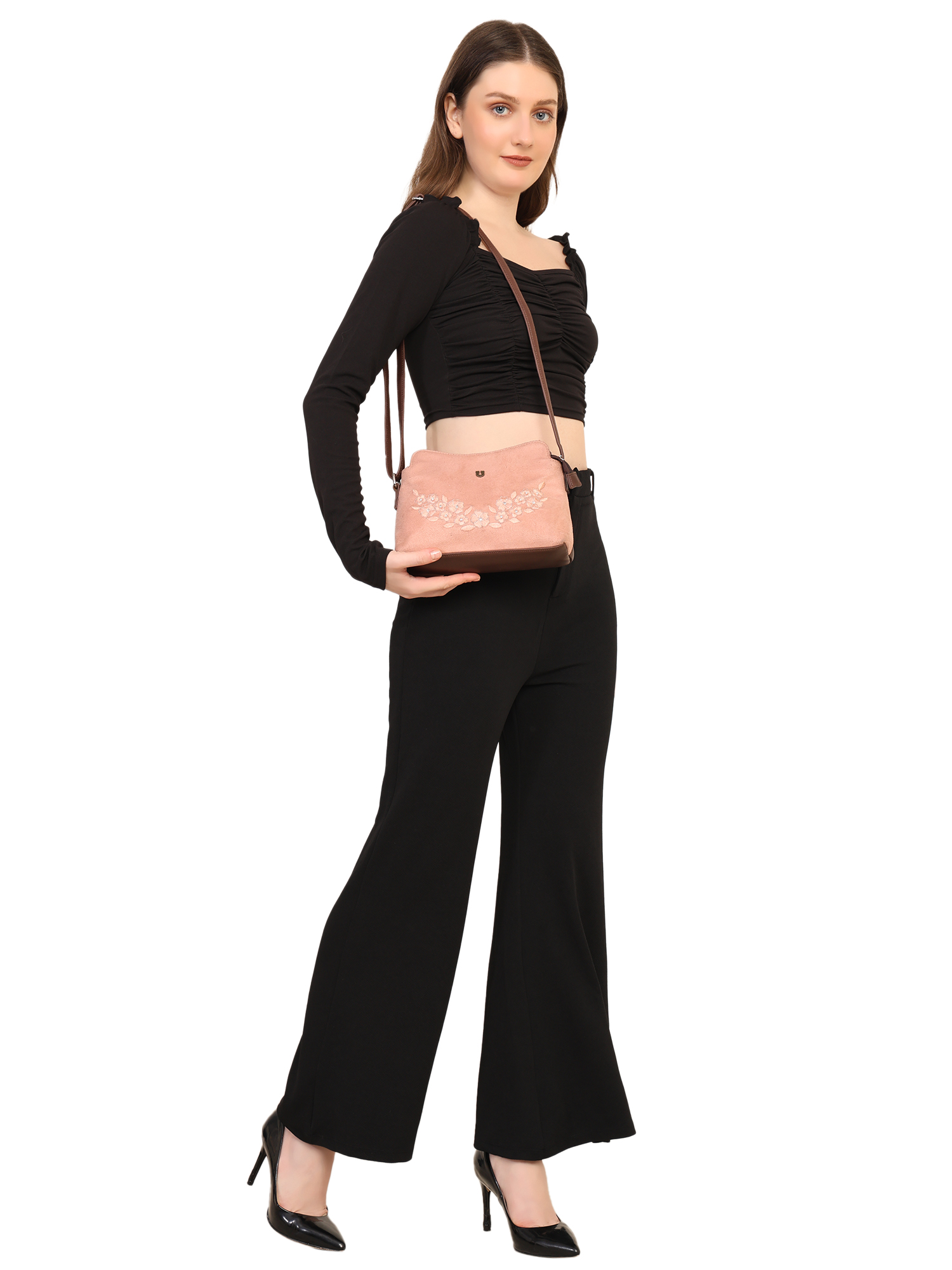 FLORAL EMBROIDERED SUEDE CROSSBODY SLING BAG (PINK)