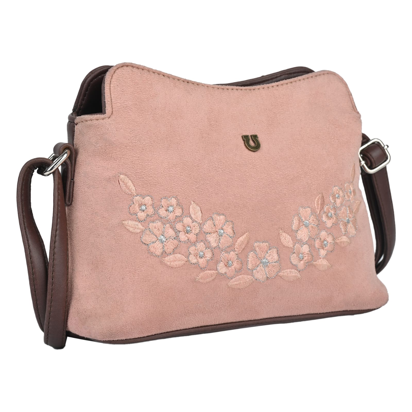 FLORAL EMBROIDERED SUEDE CROSSBODY SLING BAG (PINK)