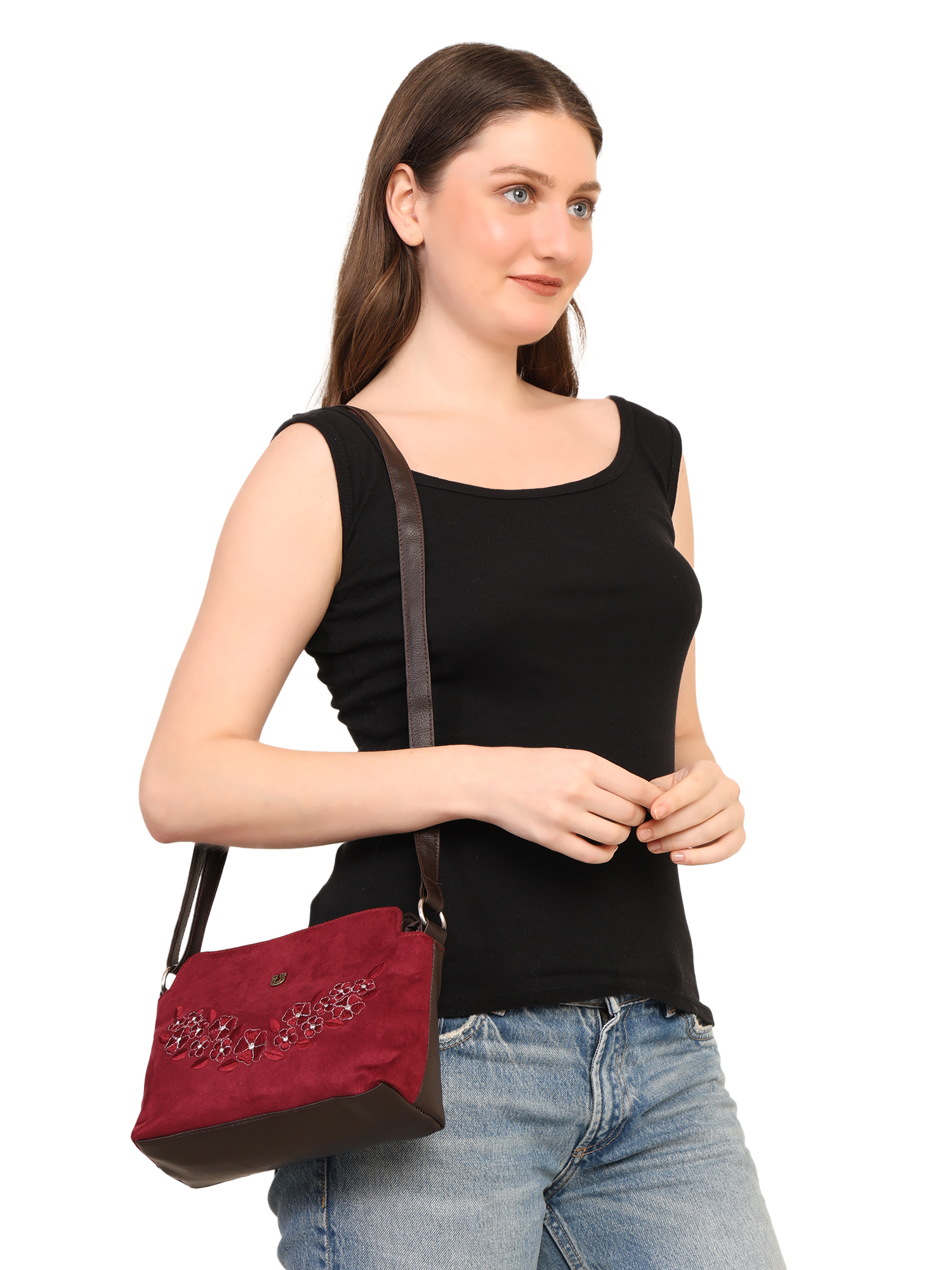 FLORAL EMBROIDERED SUEDE CROSSBODY SLING BAG (MAROON)