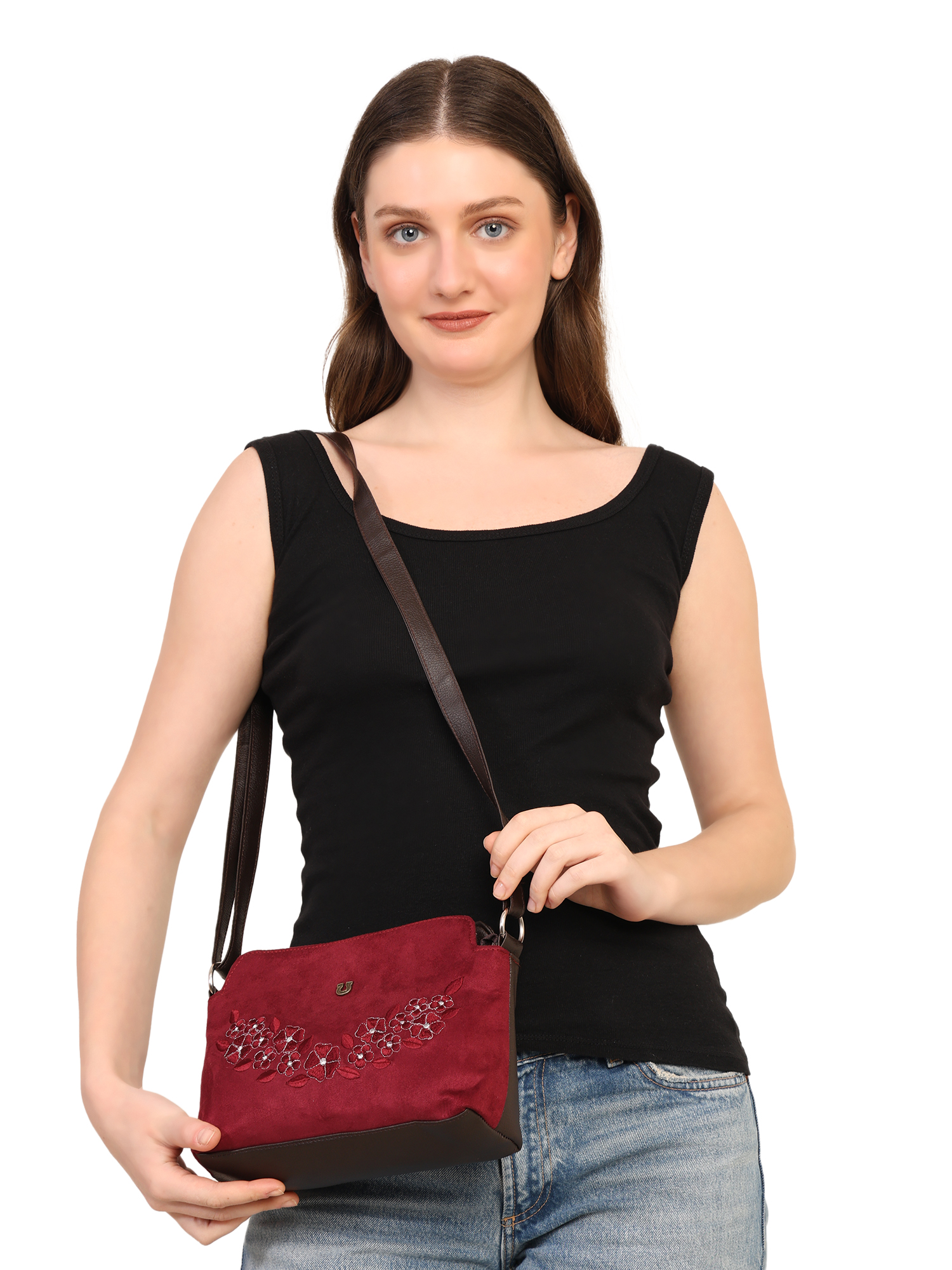 FLORAL EMBROIDERED SUEDE CROSSBODY SLING BAG (MAROON)
