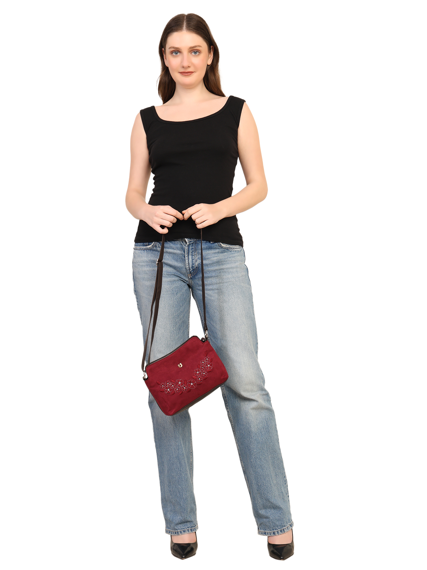 FLORAL EMBROIDERED SUEDE CROSSBODY SLING BAG (MAROON)