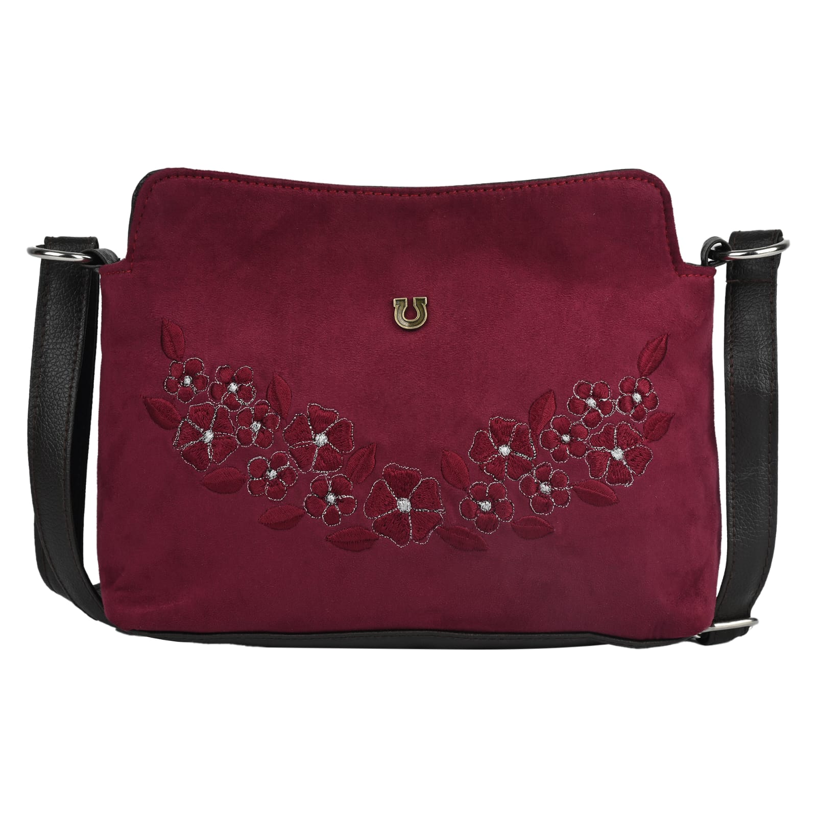 FLORAL EMBROIDERED SUEDE CROSSBODY SLING BAG (MAROON)