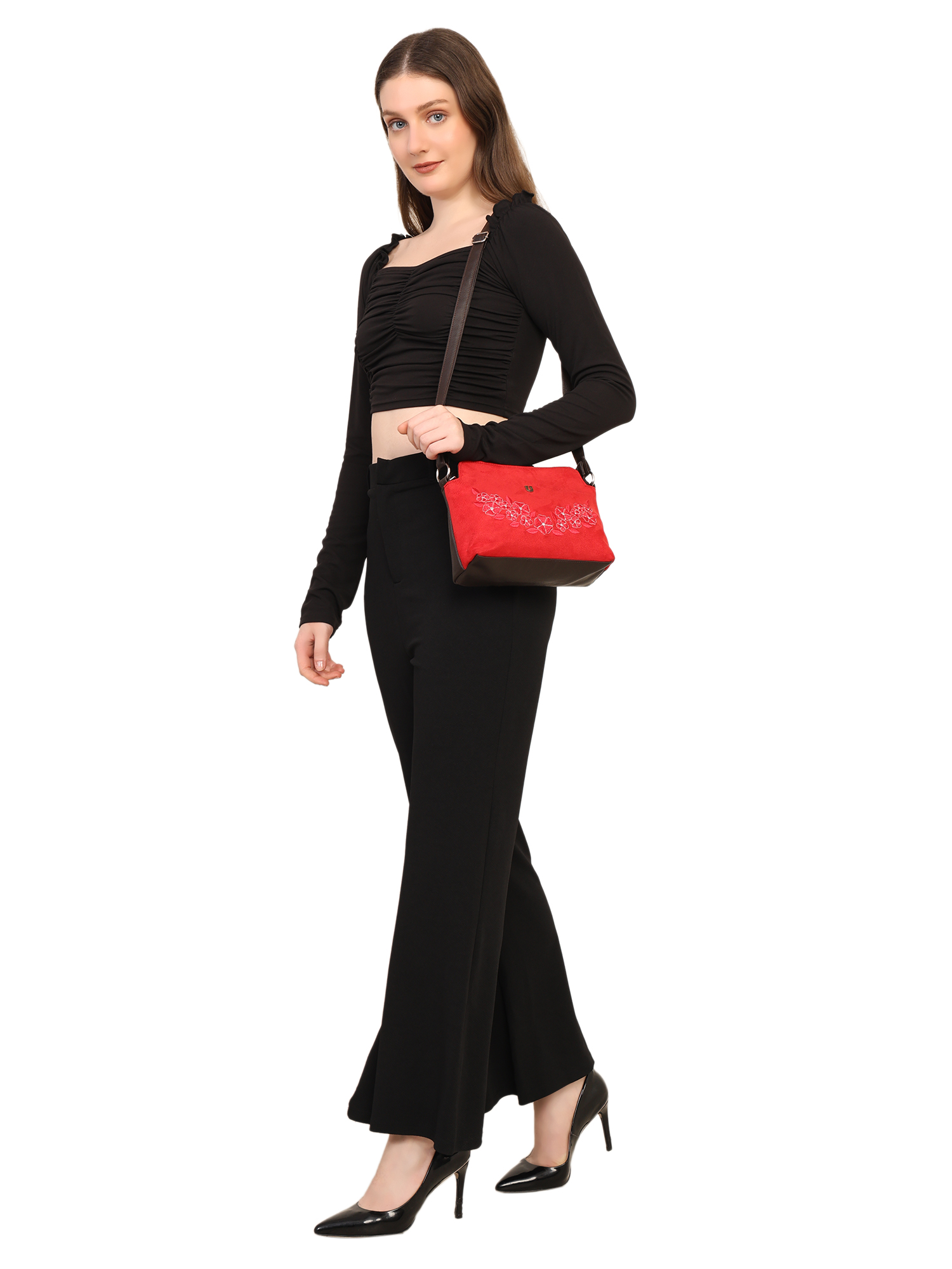 FLORAL EMBROIDERED SUEDE CROSSBODY SLING BAG (RED)