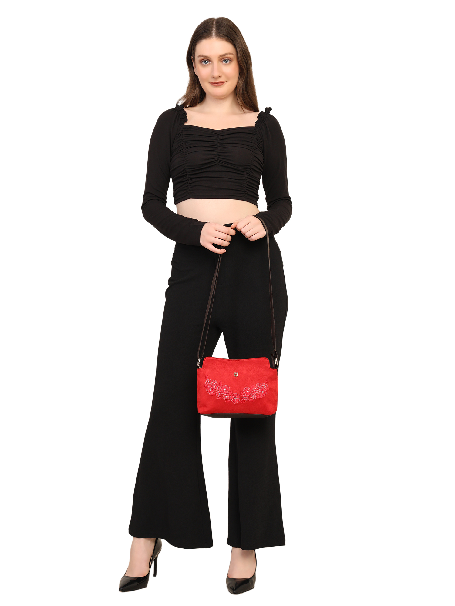 FLORAL EMBROIDERED SUEDE CROSSBODY SLING BAG (RED)