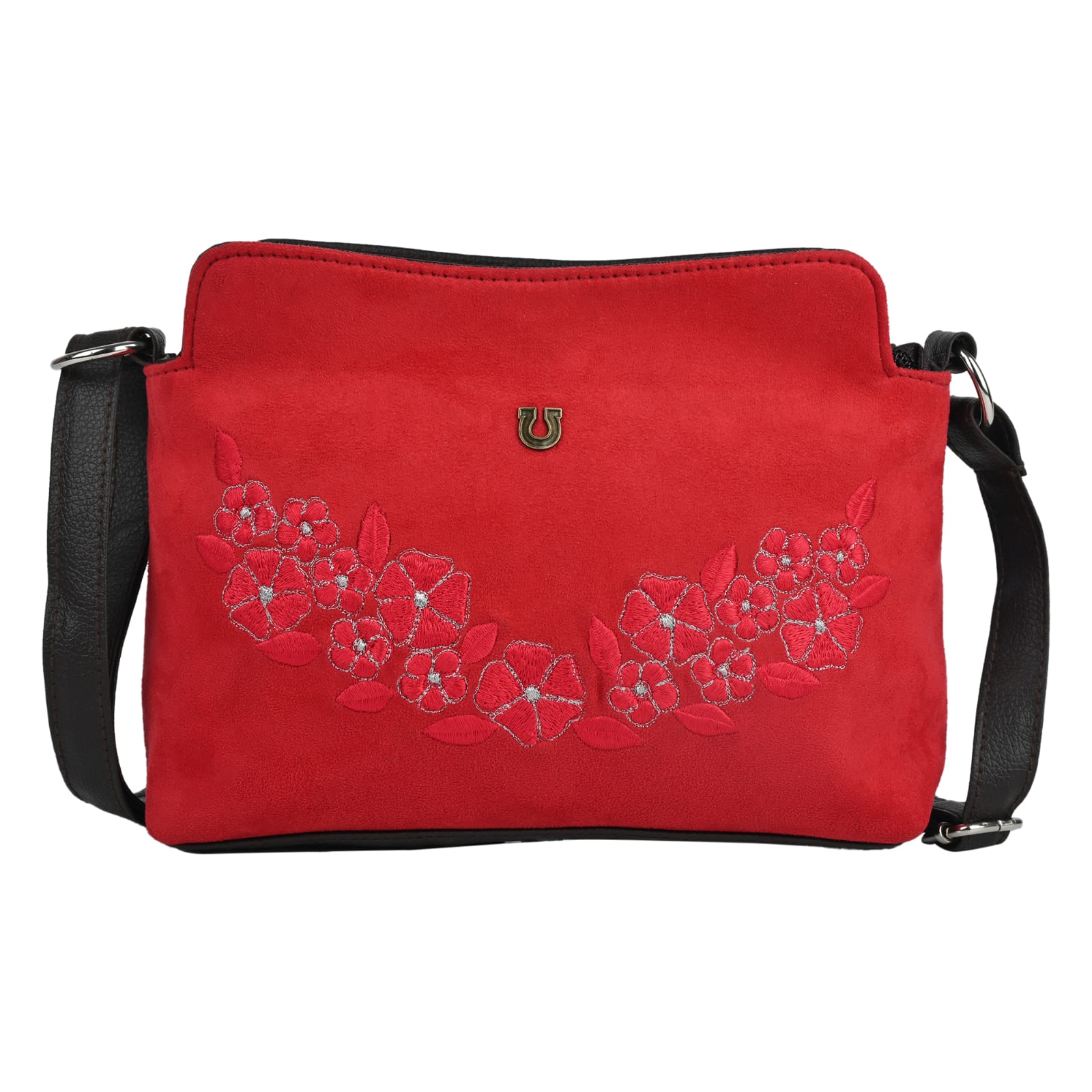 FLORAL EMBROIDERED SUEDE CROSSBODY SLING BAG (RED)