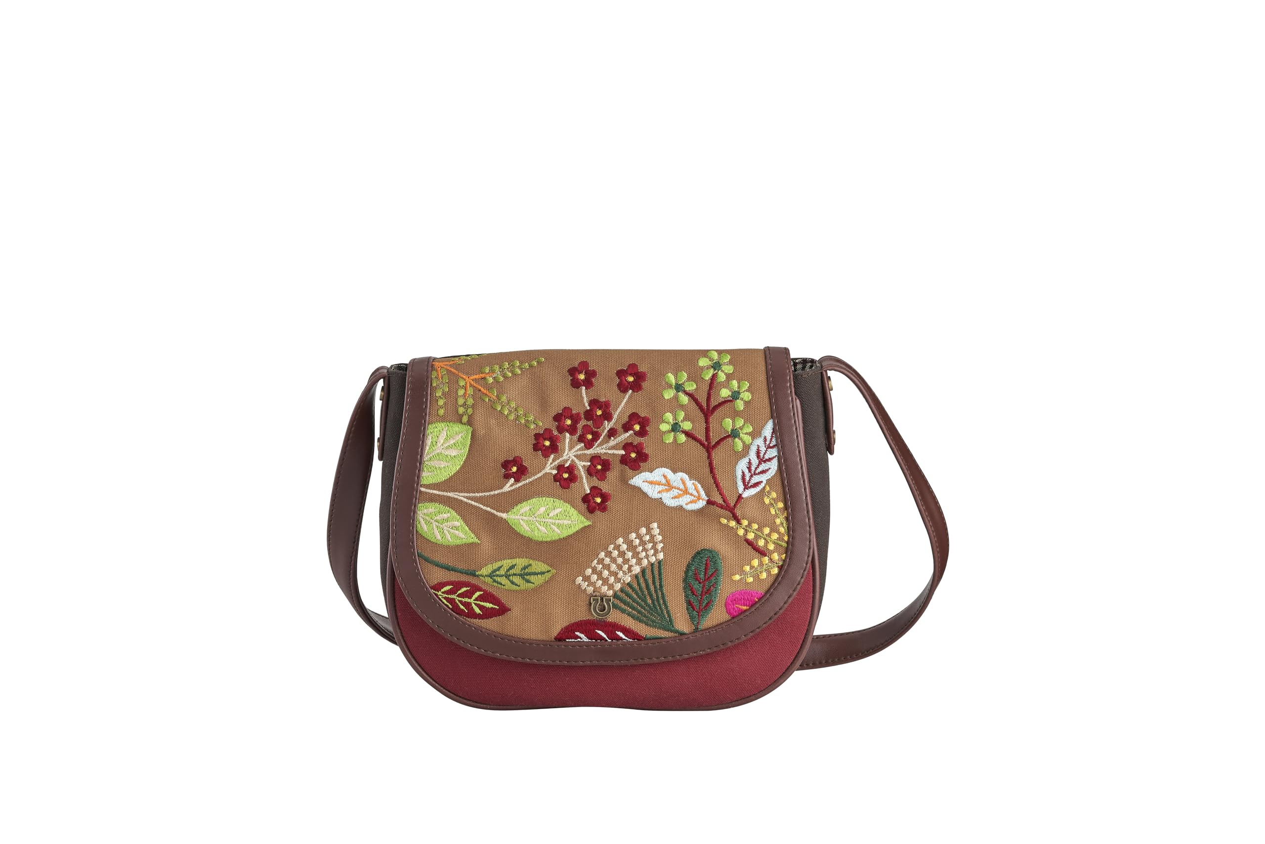 MAROON & TAN CANVAS SLING BAG WITH FLORAL EMBROIDERY