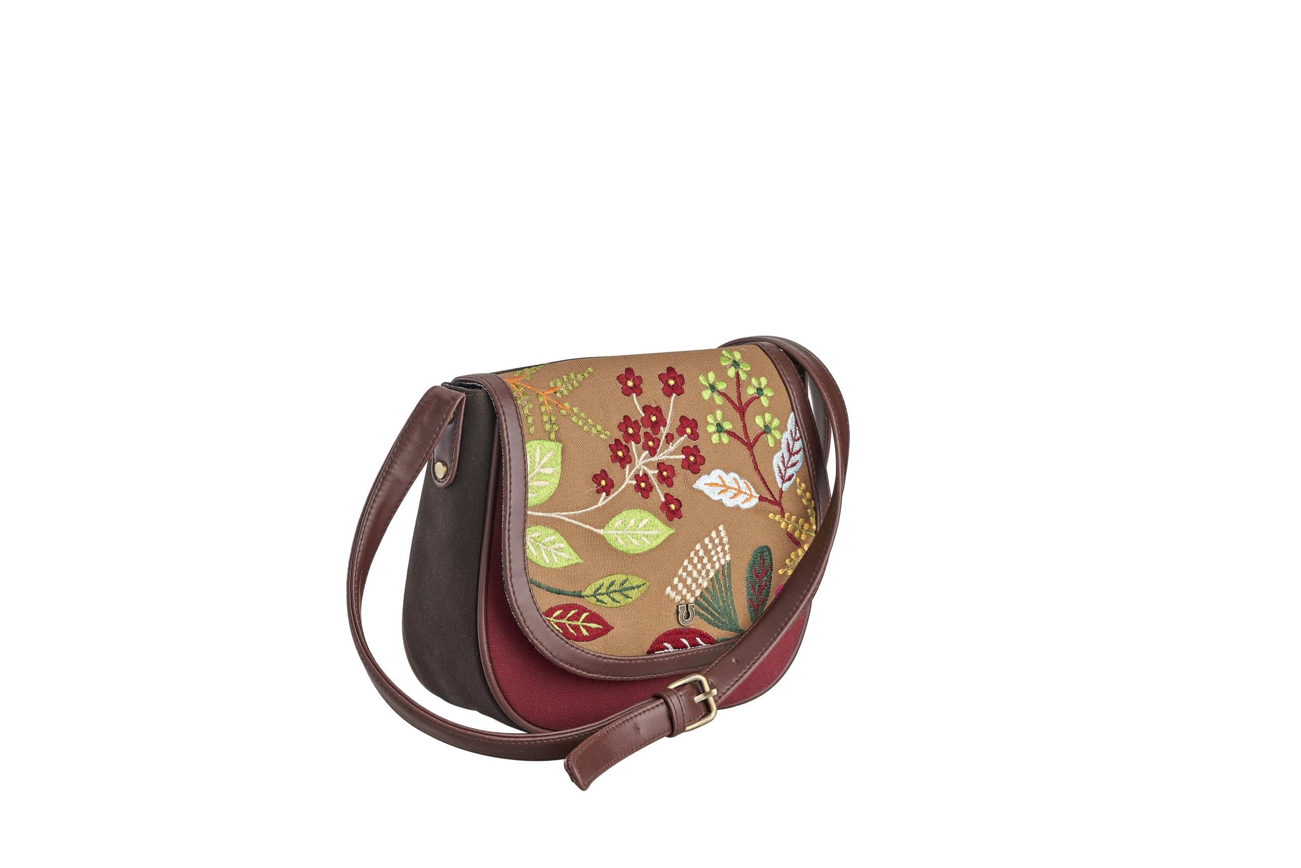 MAROON & TAN CANVAS SLING BAG WITH FLORAL EMBROIDERY