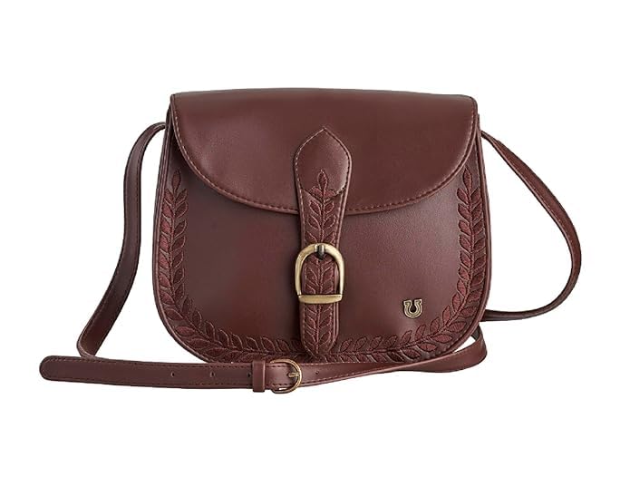 DEEP LEATHERETTE SLING BAG WITH FLORAL EMBROIDERY  BROWN