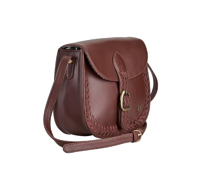 DEEP LEATHERETTE SLING BAG WITH FLORAL EMBROIDERY  BROWN