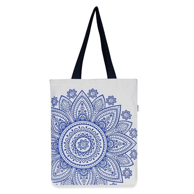 Flower Printed Canvas Tote Bag (Blue)