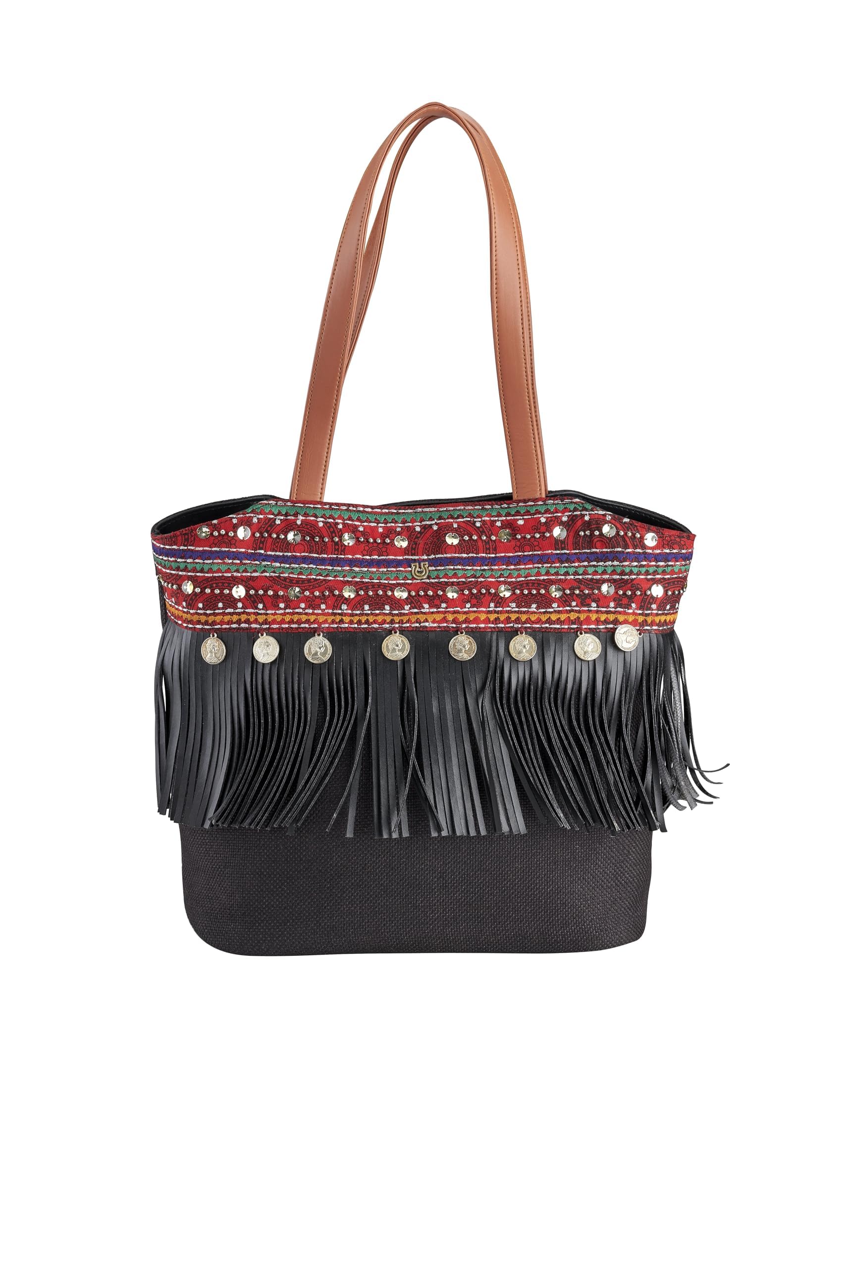 Artisan Black Jute Fringes Handbag with Multicolored Embroidery