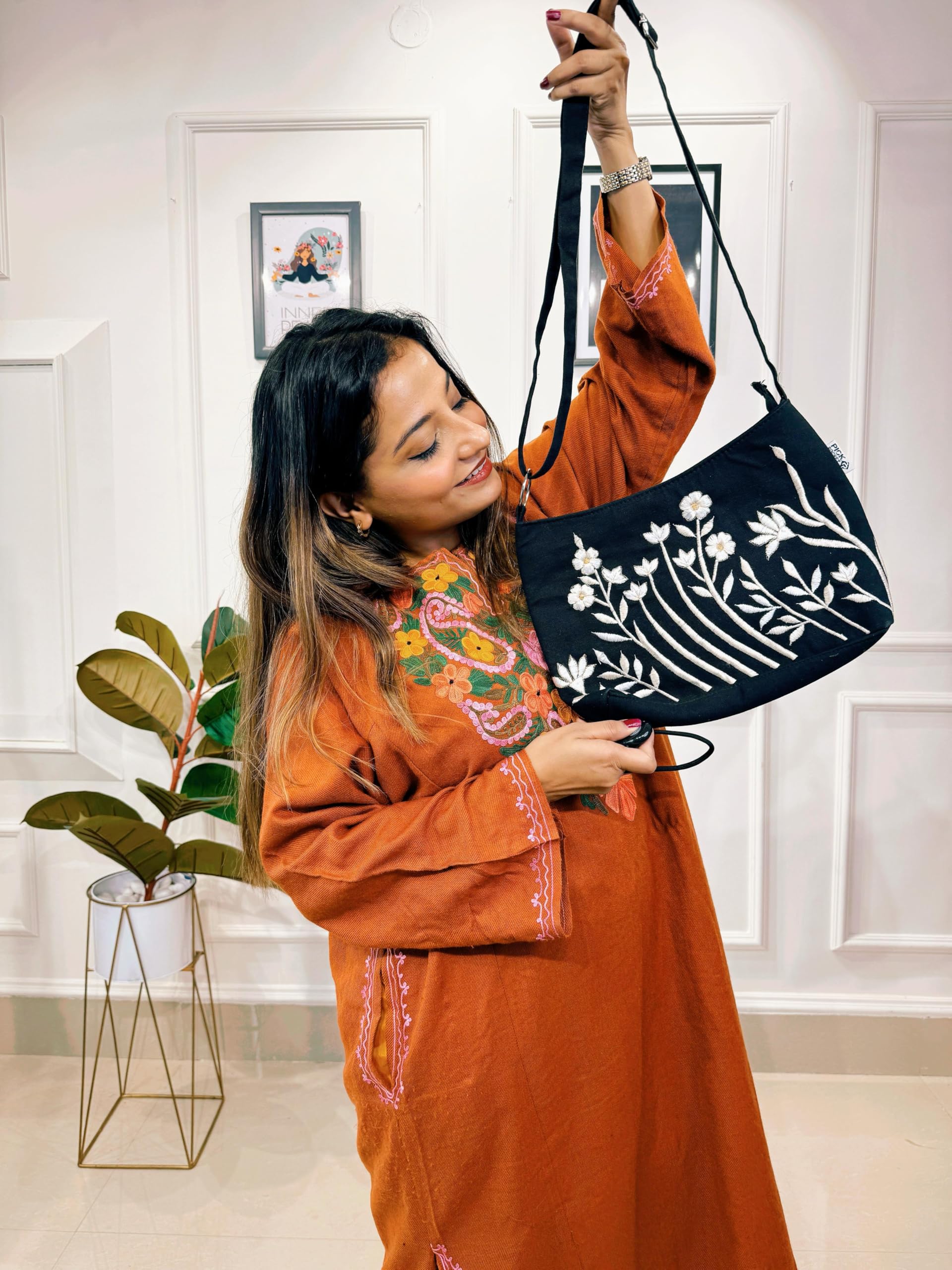 BLACK FLORAL EMBROIDERED CANVAS SLING BAG