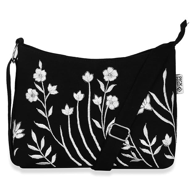 BLACK FLORAL EMBROIDERED CANVAS SLING BAG