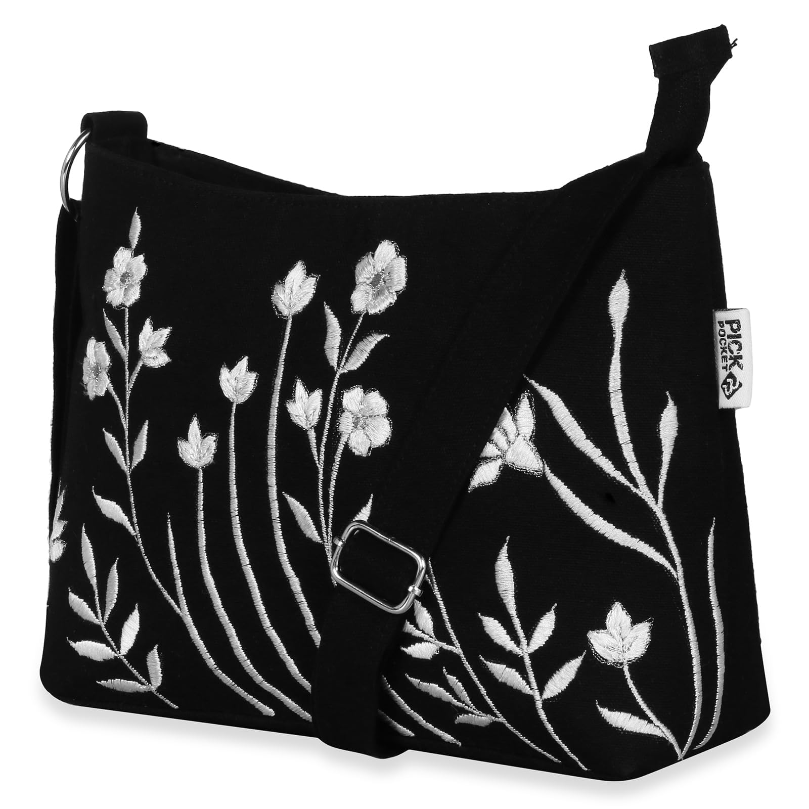 BLACK FLORAL EMBROIDERED CANVAS SLING BAG