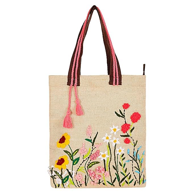 JUCO TOTE BAG WITH FLORAL HANDWORK EMBROIDERY