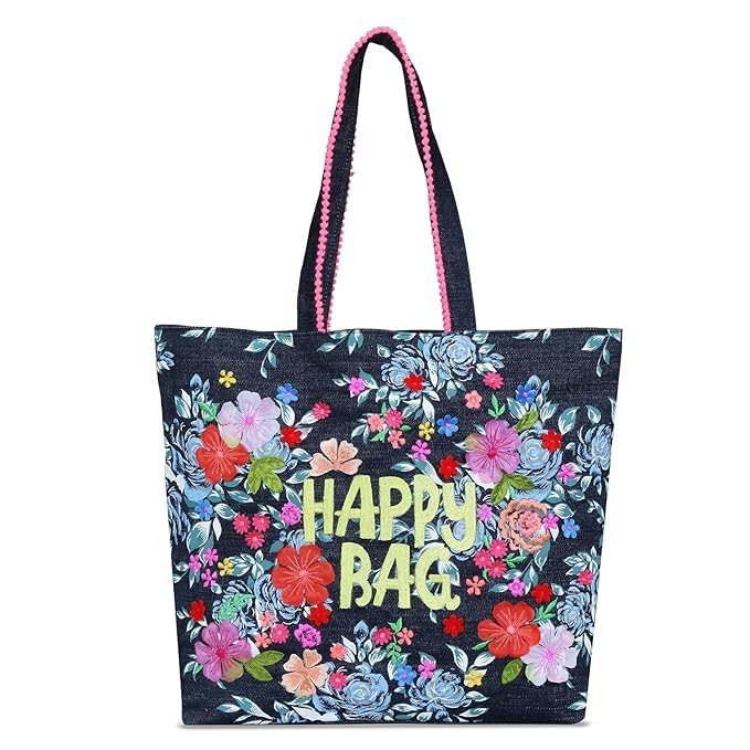 DENIM EMBROIDERY HAPPY TOTE BAG
