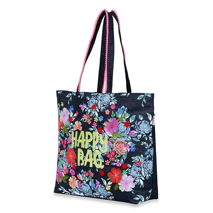 DENIM EMBROIDERY HAPPY TOTE BAG