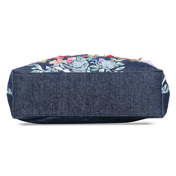 DENIM EMBROIDERY HAPPY TOTE BAG