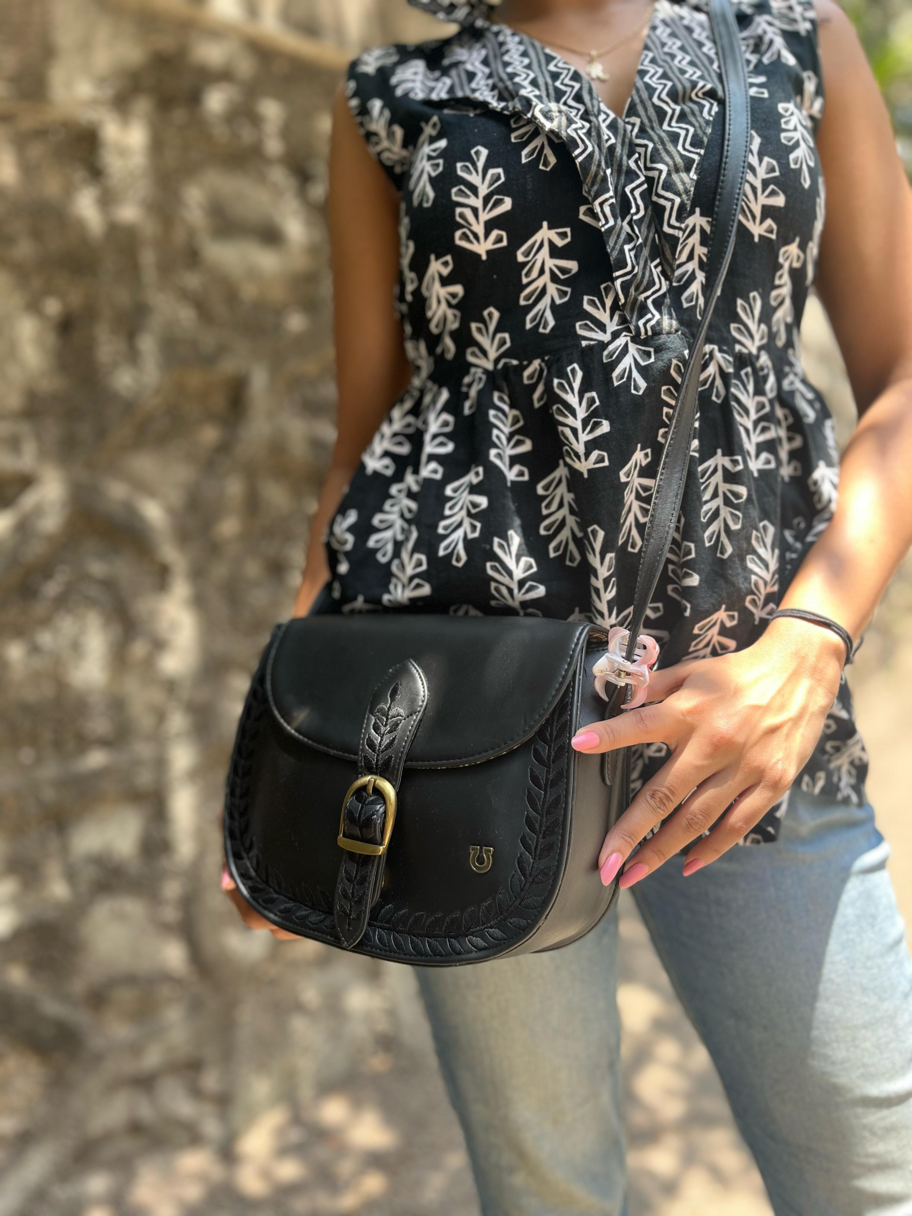 DEEP LEATHERETTE SLING BAG WITH FLORAL EMBROIDERY - BLACK