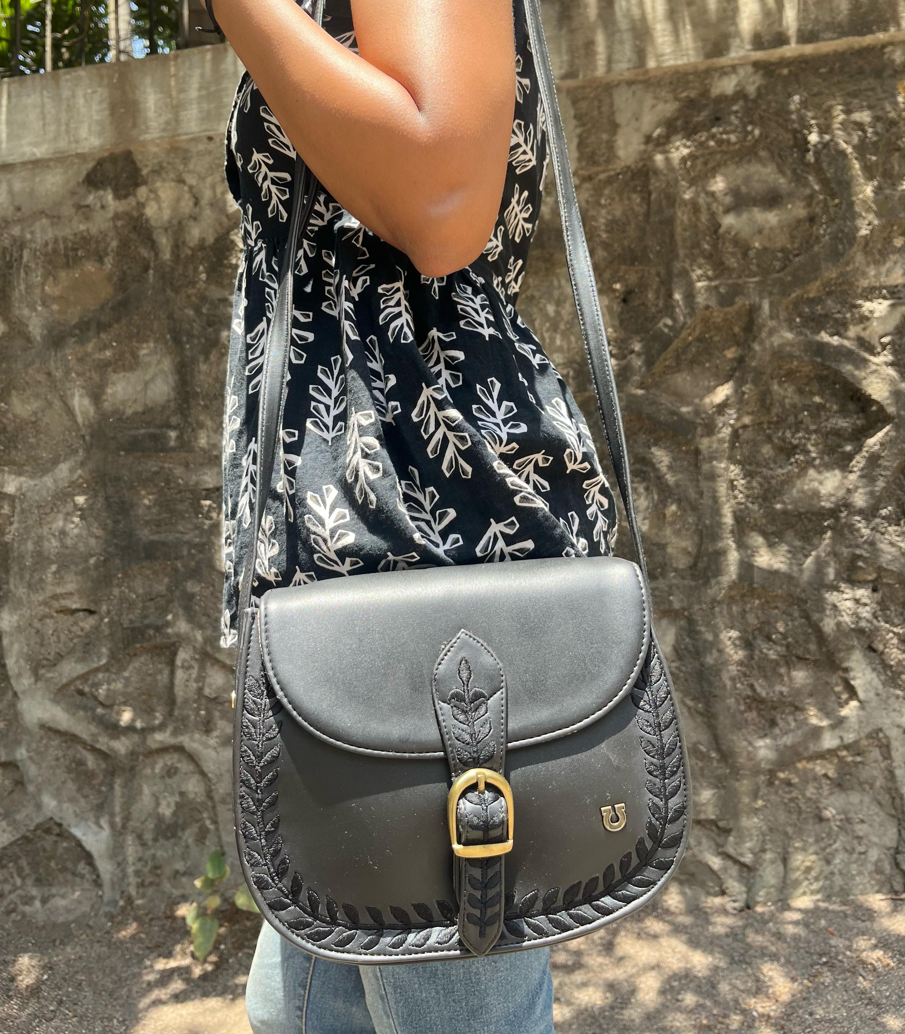 DEEP LEATHERETTE SLING BAG WITH FLORAL EMBROIDERY - BLACK