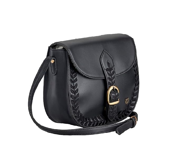 DEEP LEATHERETTE SLING BAG WITH FLORAL EMBROIDERY - BLACK