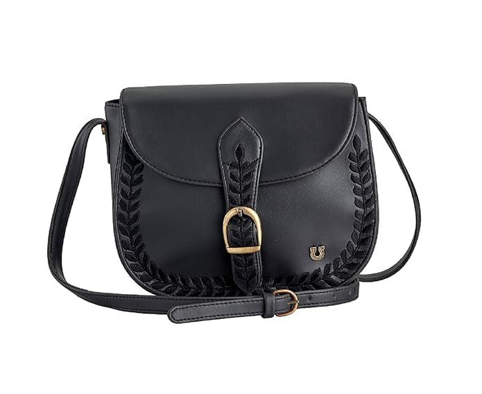 DEEP LEATHERETTE SLING BAG WITH FLORAL EMBROIDERY - BLACK
