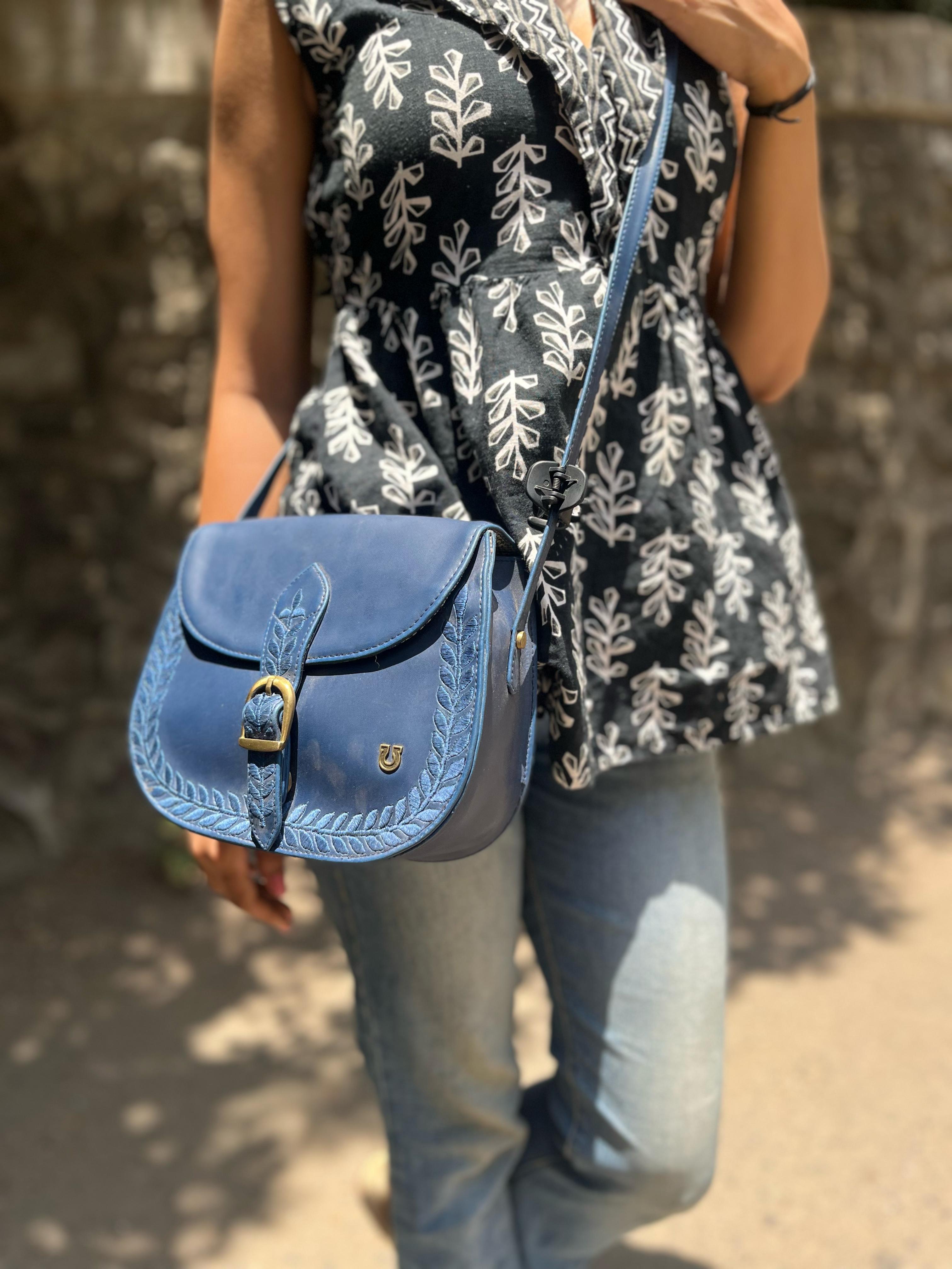 DEEP LEATHERETTE SLING BAG WITH FLORAL EMBROIDERY BLUE