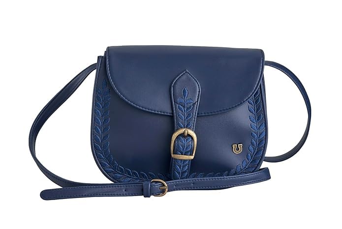 DEEP LEATHERETTE SLING BAG WITH FLORAL EMBROIDERY BLUE