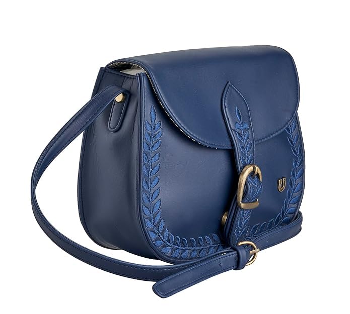 DEEP LEATHERETTE SLING BAG WITH FLORAL EMBROIDERY BLUE