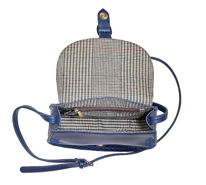 DEEP LEATHERETTE SLING BAG WITH FLORAL EMBROIDERY BLUE