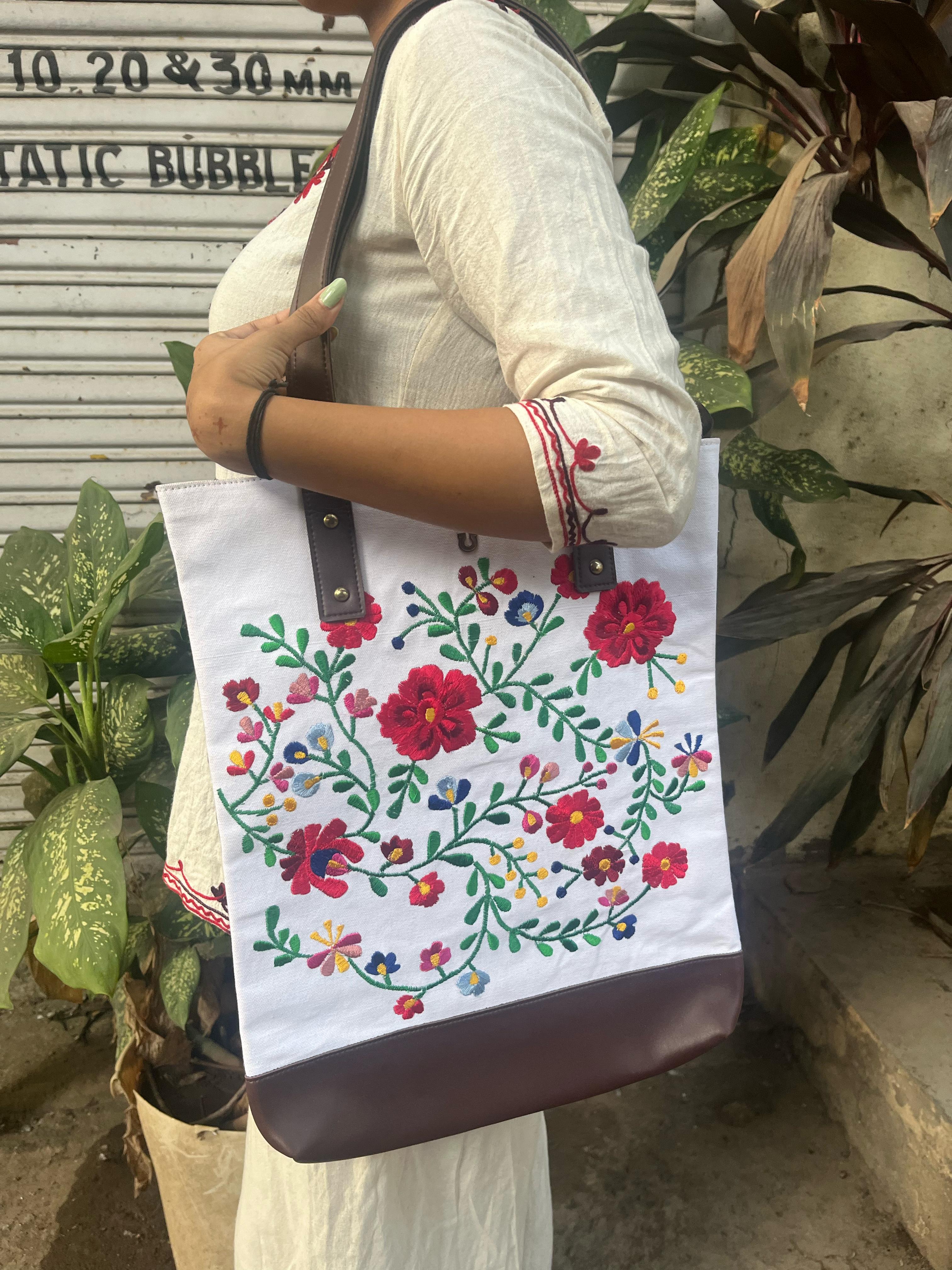 Embroidered Canvas Tote Bag for Women