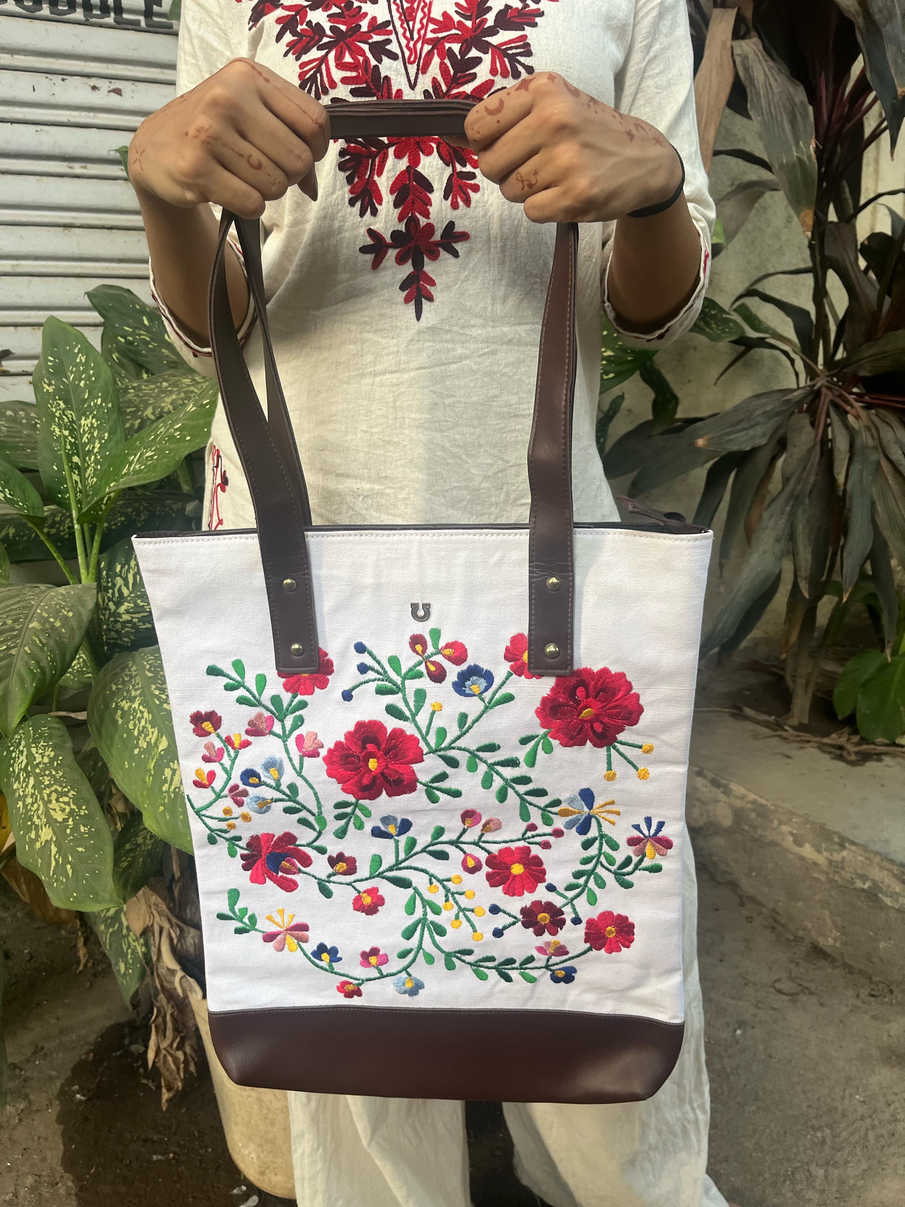 Embroidered Canvas Tote Bag for Women