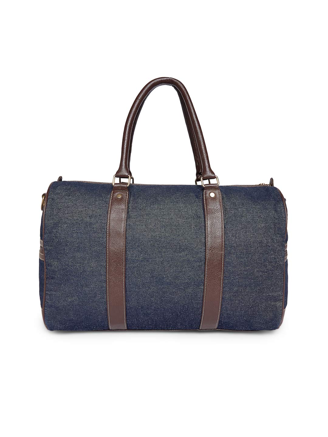 Navy Floral Embroidered Travel Duffel with Leather Trim.
