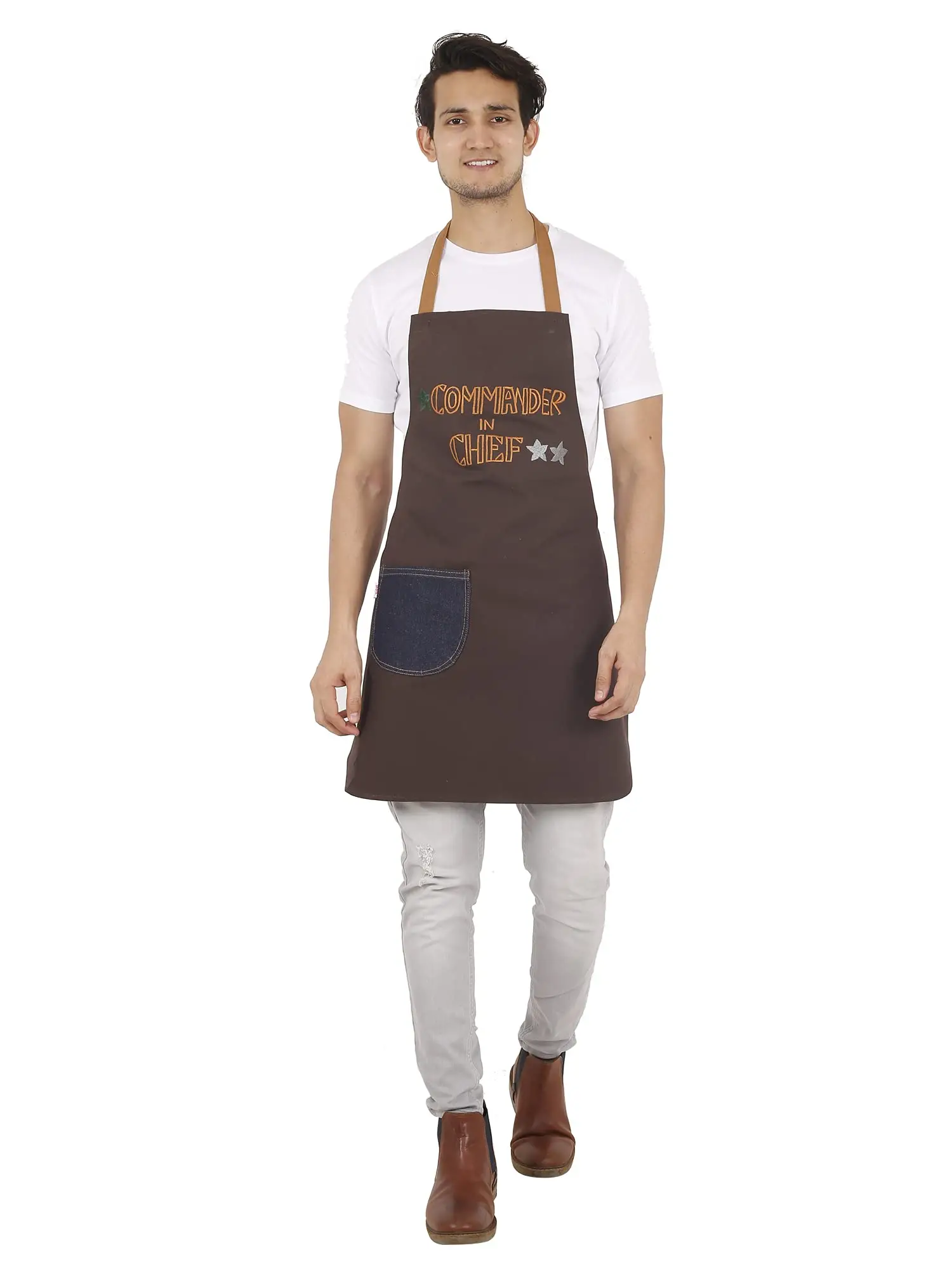 PERSONALIZED COMMANDER IN CHIEF EMBROIDERED APRON WITH DENIM POCKET