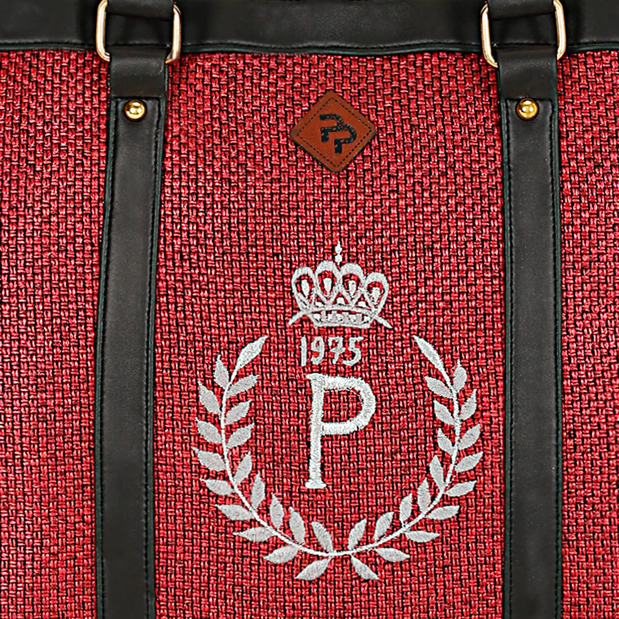 RED JUTE LAPTOP HANDBAG WITH GREY EMBROIDERY.