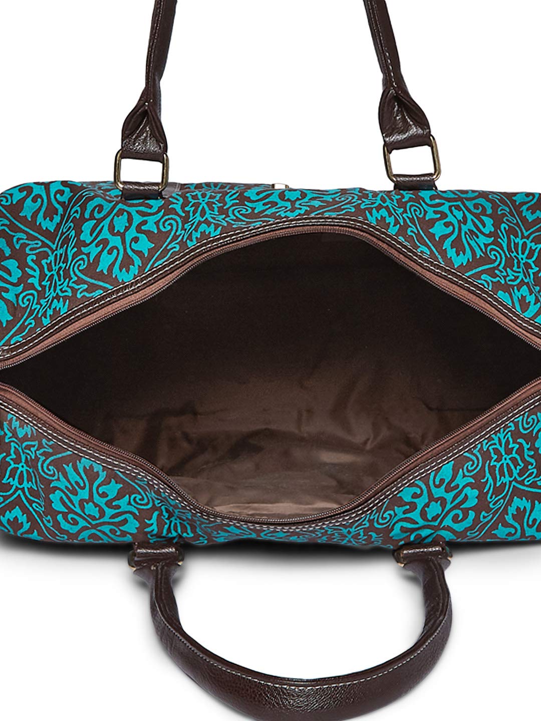 Turquoise Floral Embroidered Duffel with Leather Details.