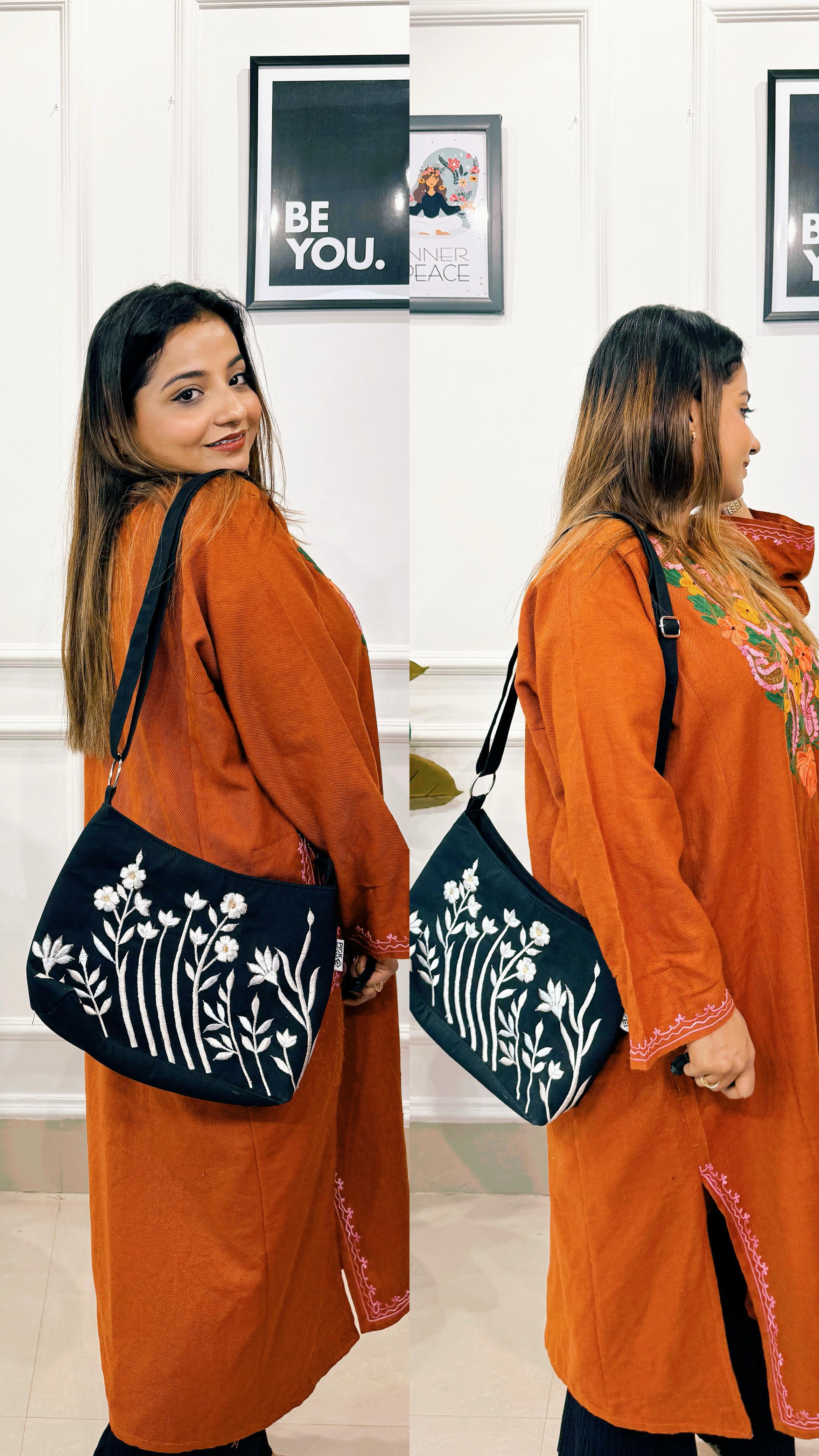 BLACK FLORAL EMBROIDERED CANVAS SLING BAG