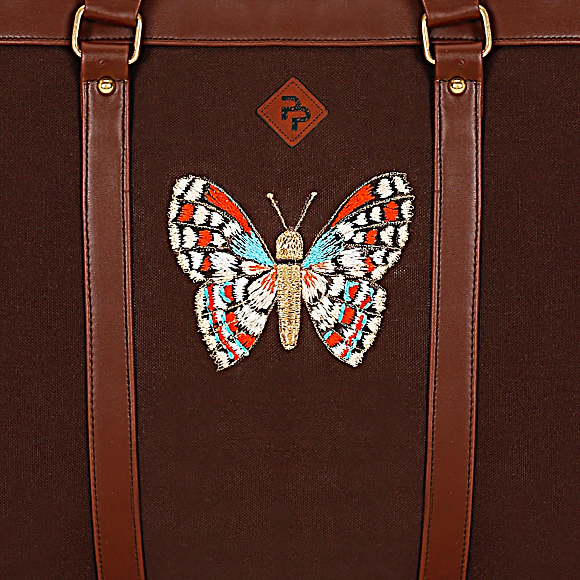 BUTTERFLY EMBROIDERED BROWN CANVAS LAPTOP HANDBAG.