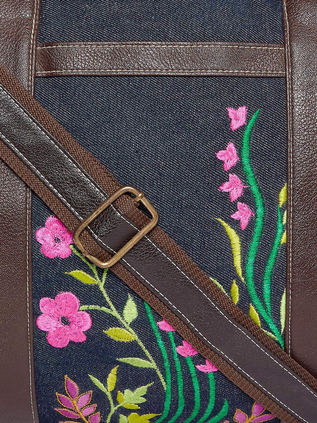 DENIM FLORAL EMBROIDERED TRAVEL DUFFLE BAG
