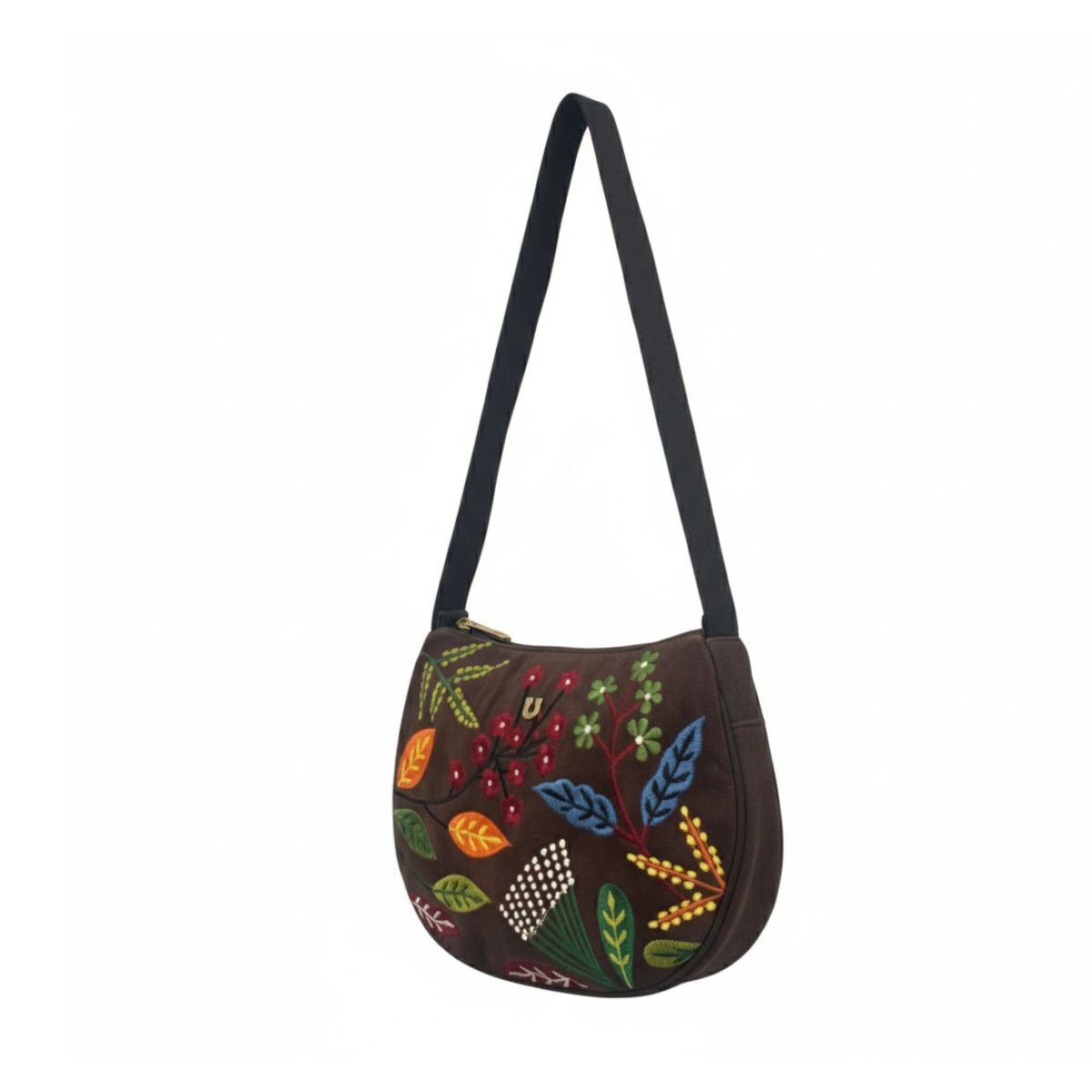 Brown Floral Embroidered Sling Bag.