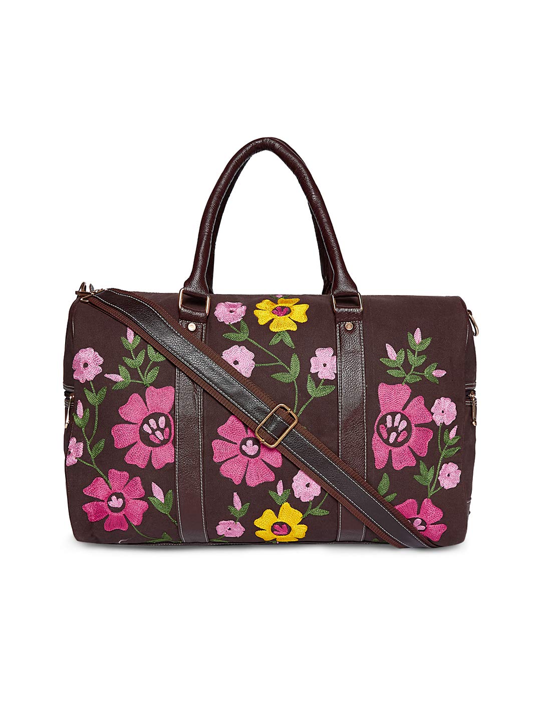 Hand-Embroidered Floral Canvas Leather Duffel Bag.