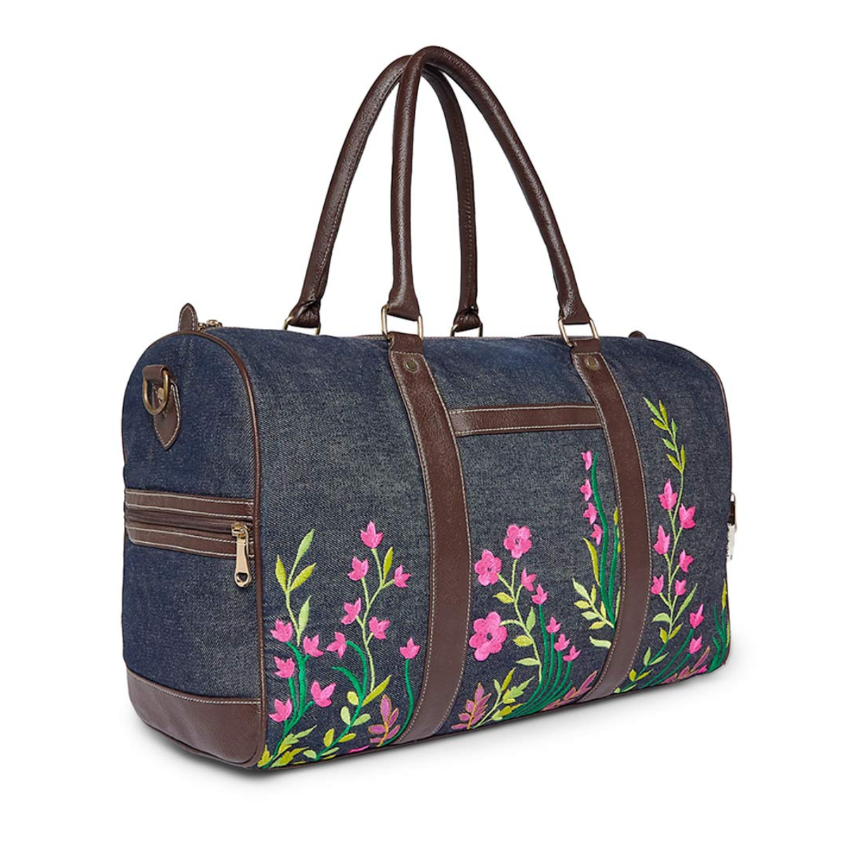 DENIM FLORAL EMBROIDERED TRAVEL DUFFLE BAG