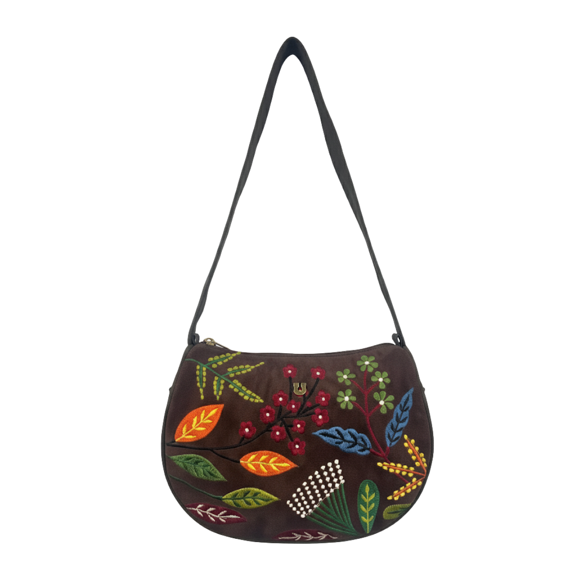 Brown Floral Embroidered Sling Bag.