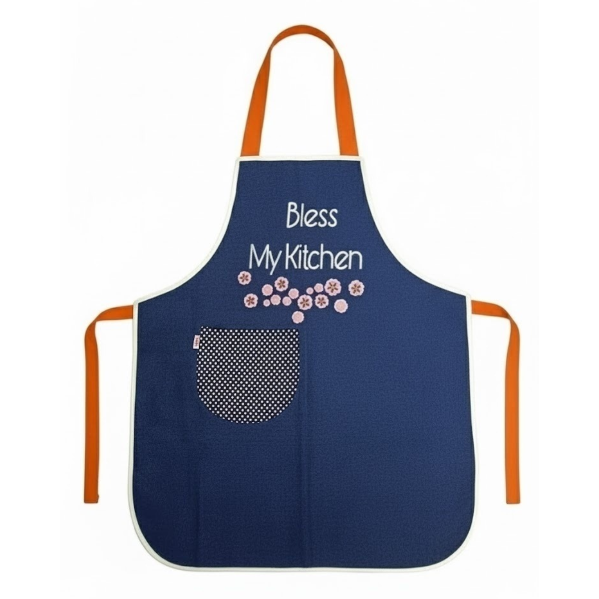 "BLESS MY KITCHEN" NAVY BLUE APRON WITH FLORAL DESIGN