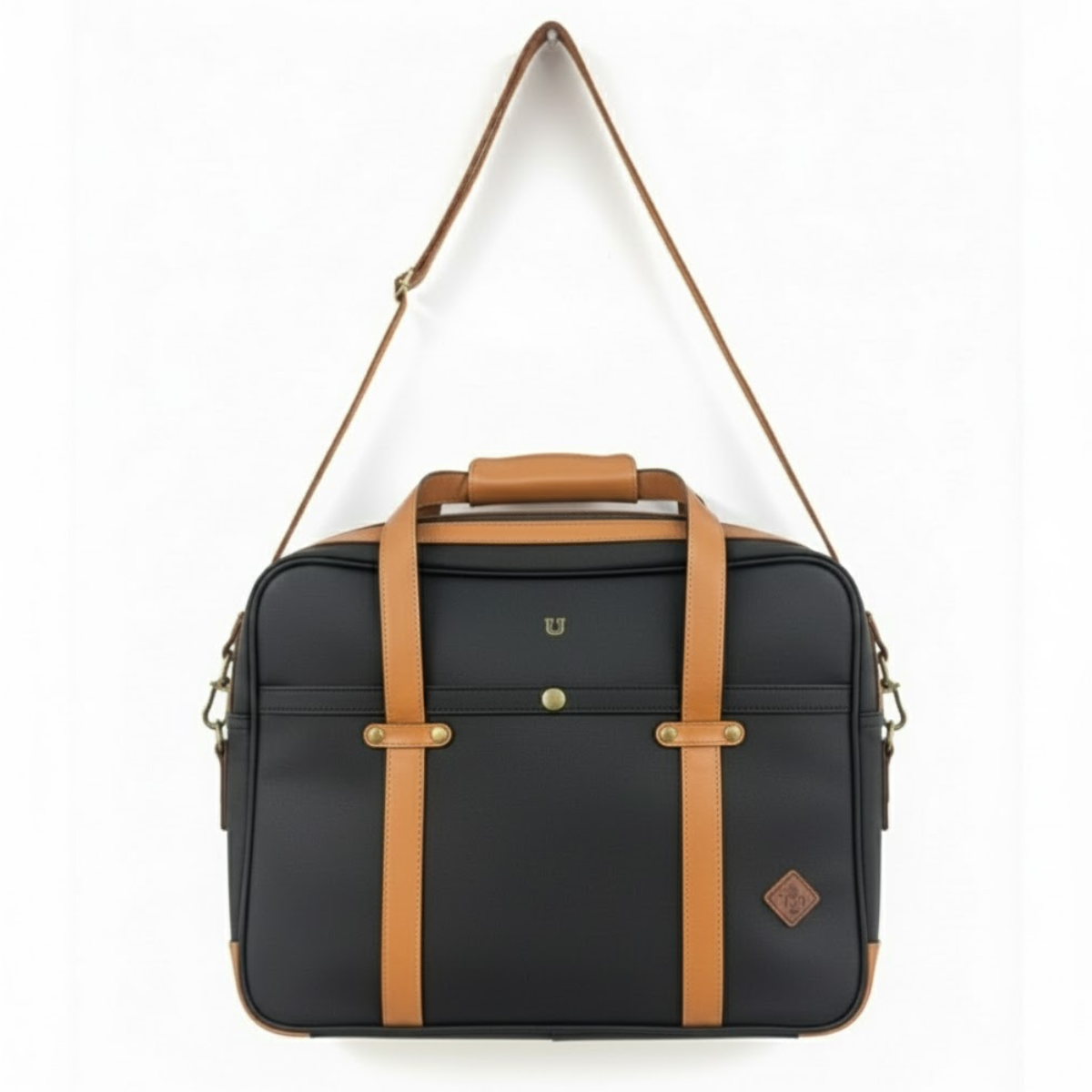PREMIUM BLACK LAPTOP MESSENGER BAG WITH TAN STRAPS