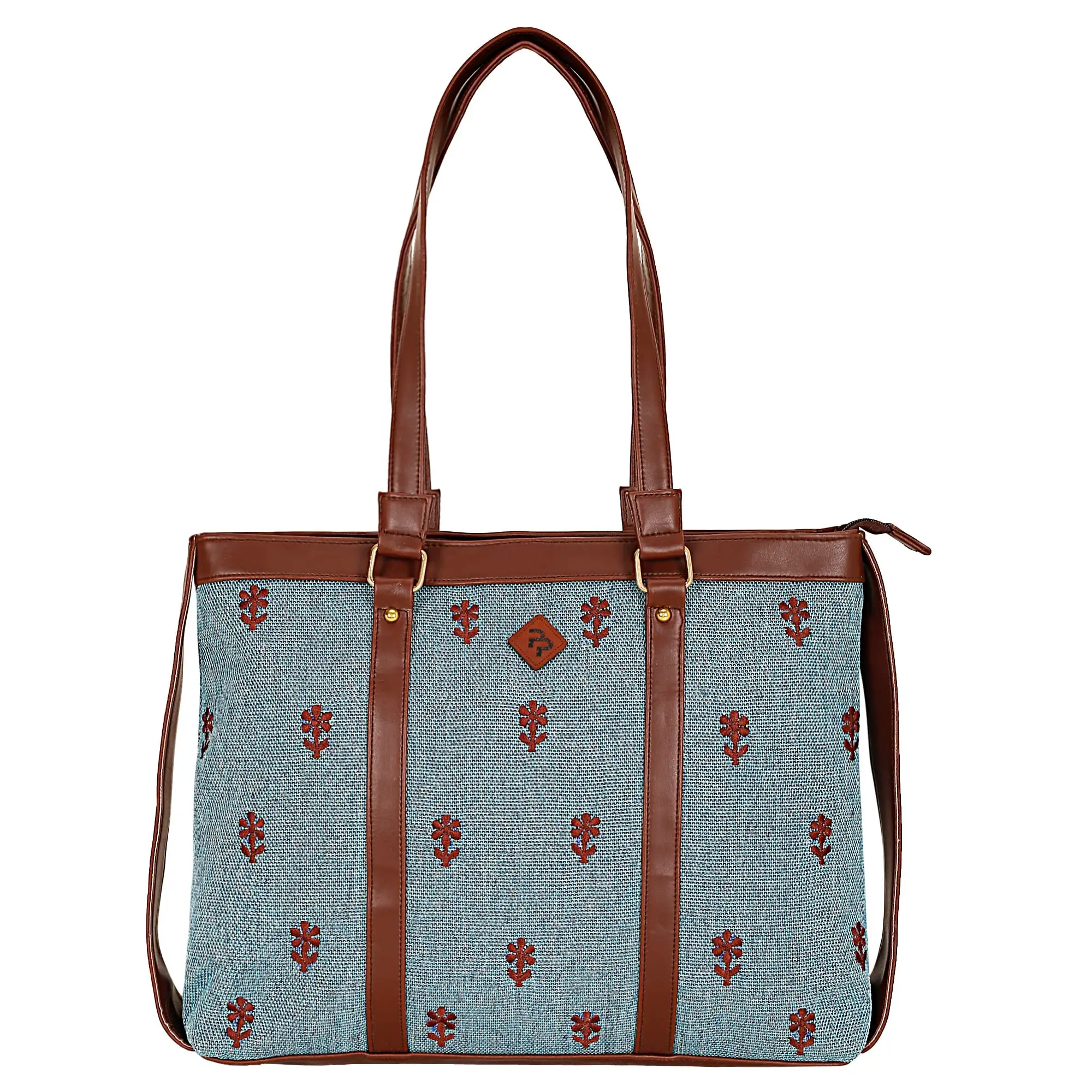 SKYBLUE JUTE FLORAL EMBROIDERED LAPTOP HANDBAG.